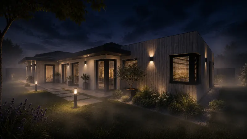 Noční 3D vizualizace luxusního bungalovu s nasvícenou fasádou a osvětlenou vstupní cestou