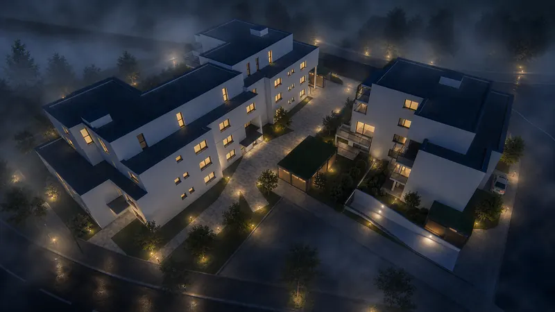 Noční letecká 3D vizualizace komplexu bytových domů z ptačí perspektivy s osvětleným vnitroblokem a komunikacemi