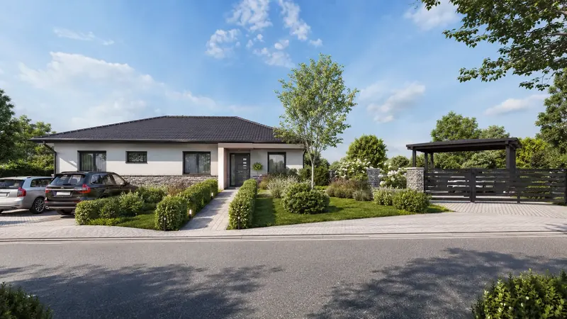 Denní 3D vizualizace moderního bungalovu s kamenným soklem, valbovou střechou, předzahrádkou a dřevěným přístřeškem pro auta