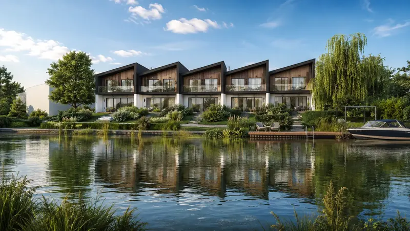 Denní 3D vizualizace apartmánů u vody s dřevěnými fasádami, prosklenými balkony, molem a lodí