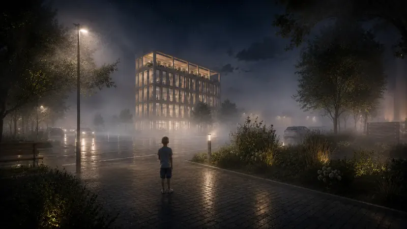 Noční 3D vizualizace administrativní budovy s prosvětlenými kancelářemi, mlhou a mokrou vozovkou