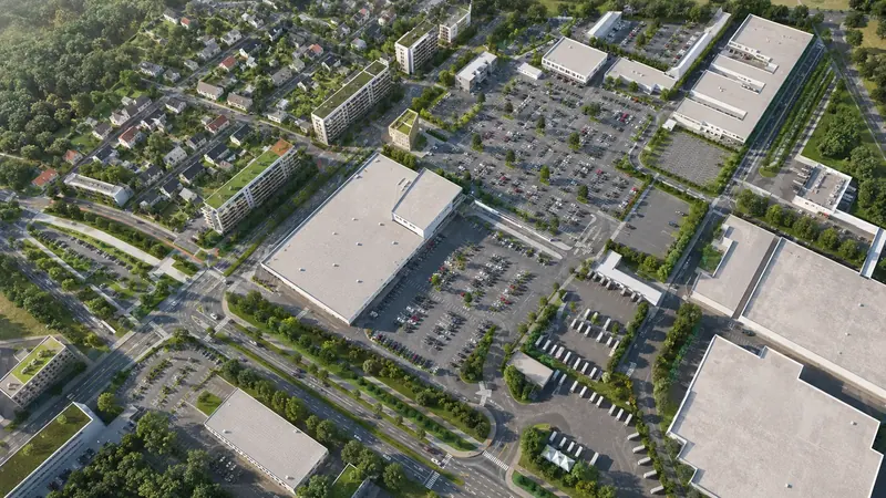 Denní 3D vizualizace obchodního centra z ptačí perspektivy s parkovištěm, komunikacemi a okolní zástavbou