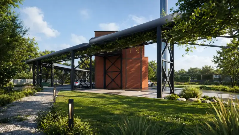 3D vizualizace revitalizace průmyslového areálu s popínavou zelení na ocelové konstrukci a zatravněným parterem