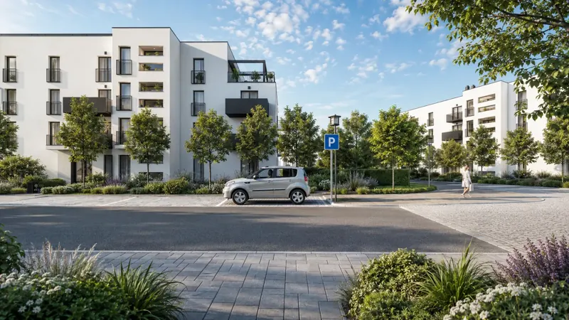 Denní uliční pohled na 3D vizualizaci bytových domů s balkony, parkovacími stáními a zelení