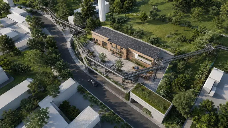 3D vizualizace provozní budovy průmyslového areálu s potrubními mosty a zelenými terasami