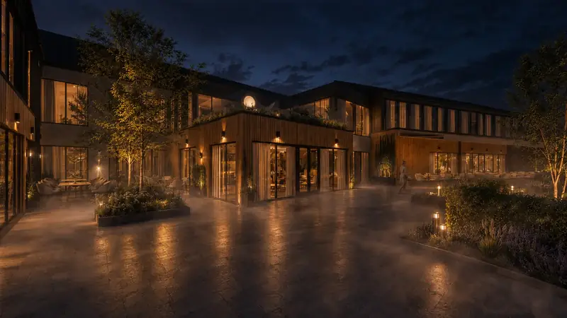 Noční 3D vizualizace multifunkční budovy s osvětlenou restaurací a nasvícenou venkovní terasou