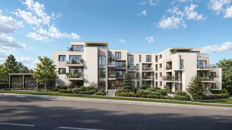 Denní 3D vizualizace moderního bytového domu s balkony, střešní terasou, přístřeškem pro auta a okrasnou zahradou