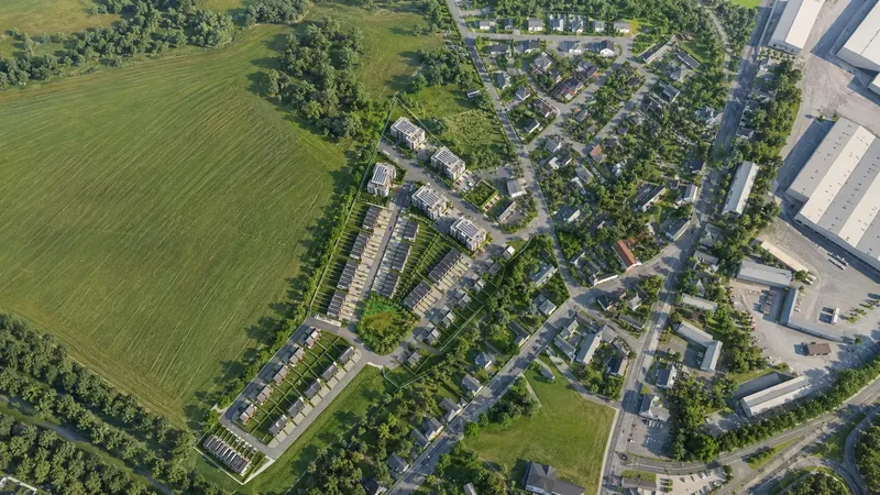 Denní letecký pohled na 3D vizualizaci developerského projektu řadových domů a bytových domů na okraji obce