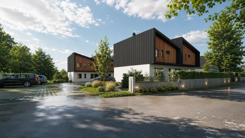 Denní 3D vizualizace apartmánového domu s antracitovou a dřevěnou fasádou, parkováním a zahradní úpravou