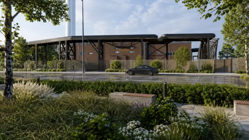 3D vizualizace staré cihlové průmyslové haly s ocelovou konstrukcí, potrubím a novou parkovou úpravou
