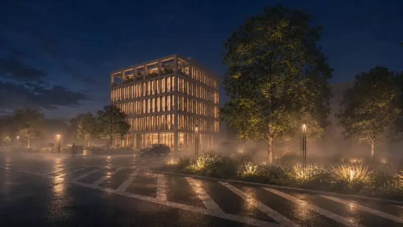 Noční 3D vizualizace administrativní budovy z ulice s nasvícenou fasádou a osvětlenými záhony