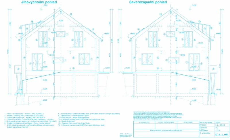 Překreslené boční pohledy – jihovýchodní a severozápadní pohled na štítové stěny domu