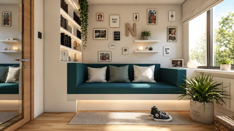 Denní 3D vizualizace dětského pokoje s vestavěnou lavicí, knihovnou a galerií fotografií na stěně