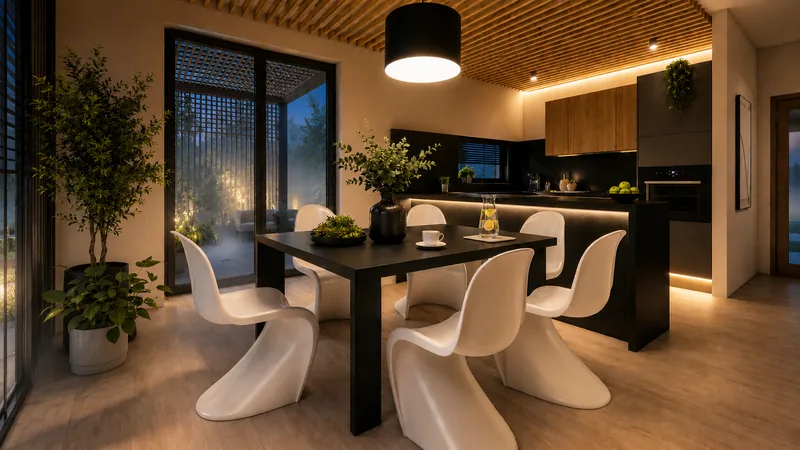Noční 3D vizualizace minimalistické jídelny a kuchyně s teplým LED podsvícením a designovým svítidlem