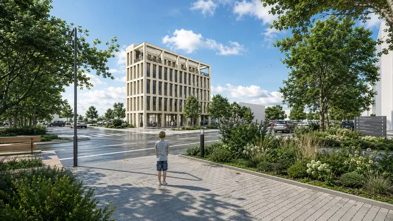 Denní 3D vizualizace moderní administrativní budovy s betonovou fasádou, střešní terasou a městskou zelení