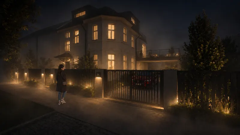 Noční 3D vizualizace rekonstruované vily s rozsvícenými okny a nasvíceným oplocením