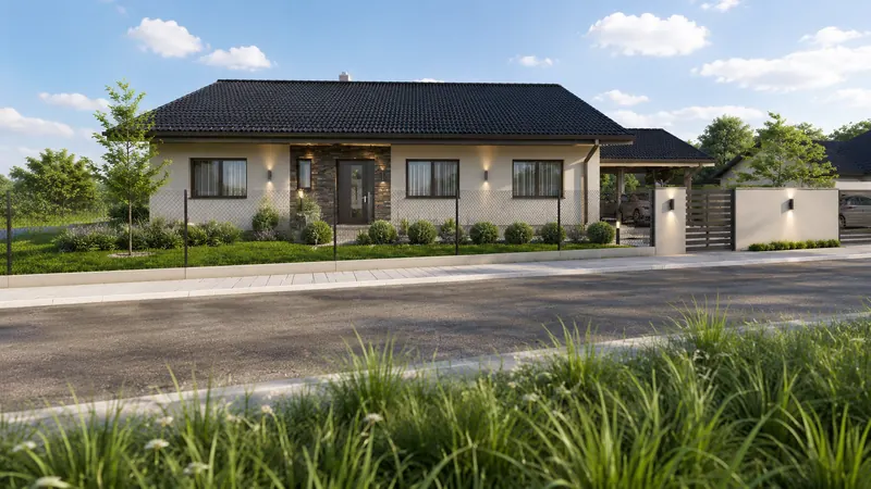 Denní 3D vizualizace přízemního rodinného domu bungalovu s kamenným obkladem vstupu, valbovou střechou a přístřeškem pro auta