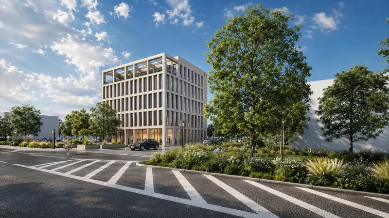 Denní 3D vizualizace administrativní budovy z ulice s přechodem, stromy a květinovými záhony