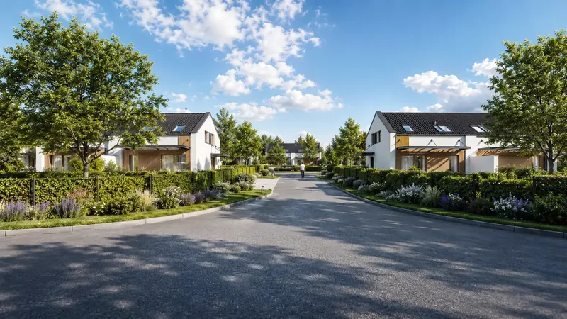 Denní vizualizace ulice developerského projektu rodinných domů s dřevěnými obklady, živými ploty a záhony