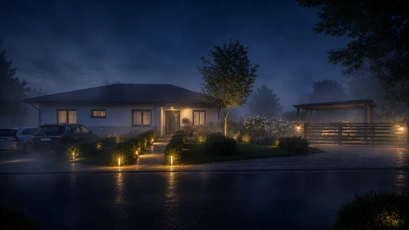Noční 3D vizualizace moderního bungalovu s osvětleným chodníkem, předzahrádkou a přístřeškem pro auta