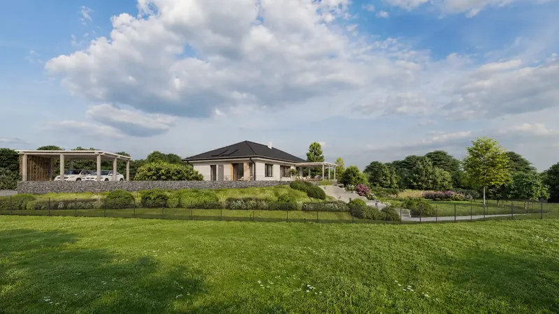 Denní 3D vizualizace rodinného domu ve svahu s gabionovou opěrnou zdí, pergolou a terasovitou zahradou