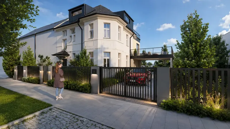 Denní 3D vizualizace rekonstrukce historické vily s novou střešní nástavbou, terasou a moderním plotem