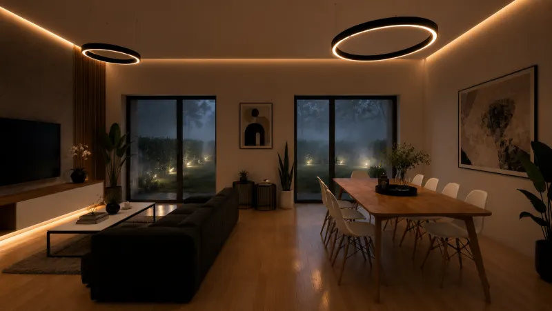 Noční 3D vizualizace moderního obývacího pokoje s jídelnou a teplým nepřímým LED osvětlením