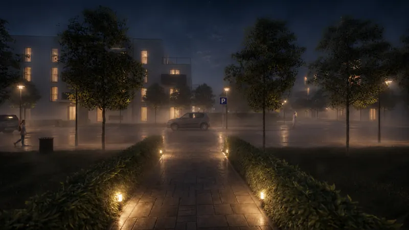 Noční 3D vizualizace ulice developerského projektu s osvětleným chodníkem a mokrou vozovkou