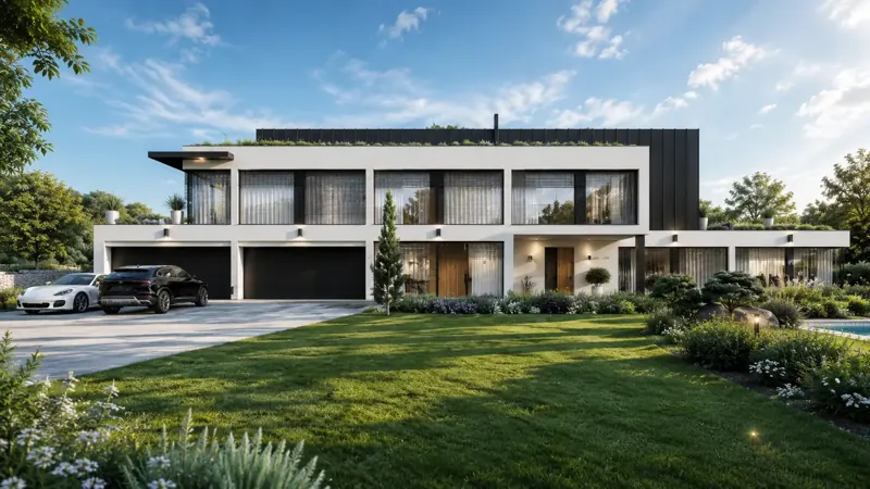 Denní 3D vizualizace luxusní vily s plochou zelenou střechou, velkorysým prosklením a garážemi