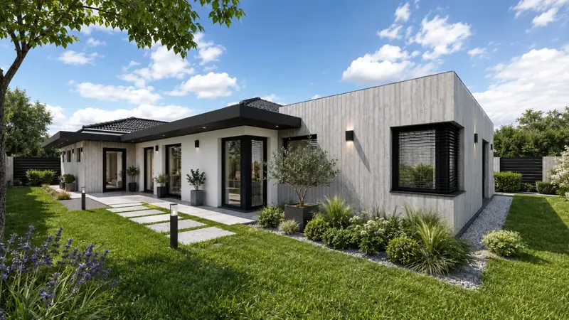 Denní 3D vizualizace luxusního bungalovu s dřevěným obkladem, krytým vstupem a upravenou zahradou