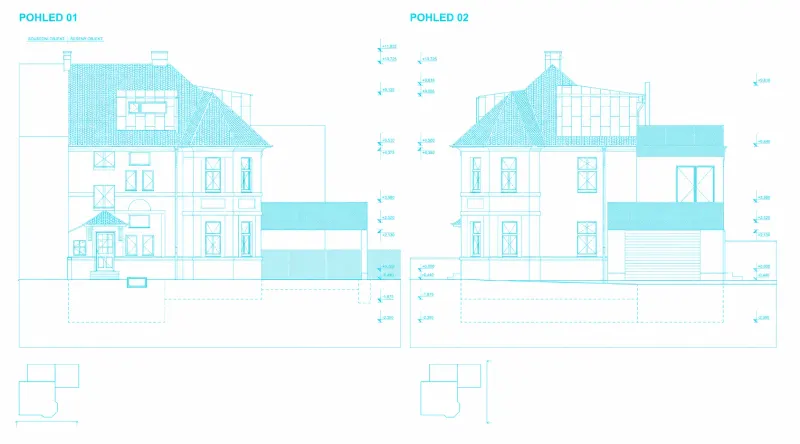 Překreslené pohledy 01 a 02 na rekonstrukci historické vily s přístavbou