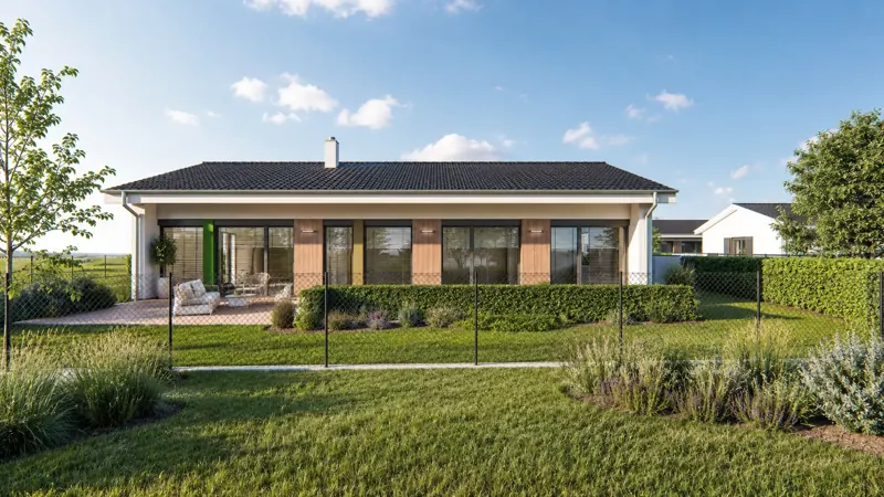 Denní 3D vizualizace moderního bungalovu s krytou terasou, dřevěnými prvky fasády a vzrostlou zahradou