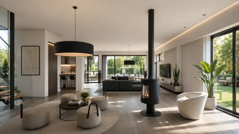 Denní 3D vizualizace luxusního otevřeného obývacího pokoje s designovým krbem, prosklenými stěnami a výhledem do zahrady