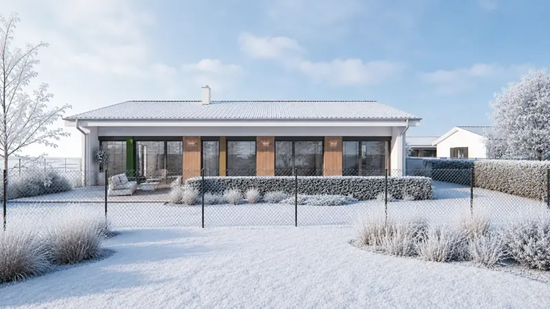 Zimní 3D vizualizace moderního bungalovu se zasněženou zahradou a jinovatkou na okrasných travinách